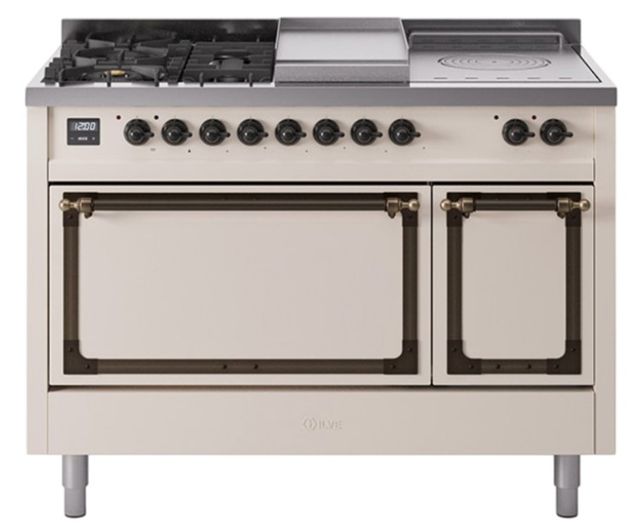 Ilve® Nostalgie II Noblesse 48'' Antique White Pro Style Dual Fuel Range with Burnished Trim-0