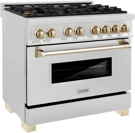 ZLINE Autograph Edition Legacy 36" Satin Stainless Steel Pro-Style Dual Fuel Range with Electric Convection Oven and Polished Gold Accents-3
