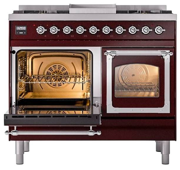 Ilve® Nostalgie II Noblesse 40'' Burgundy Pro Style Dual Fuel Range with Chrome Trim-3