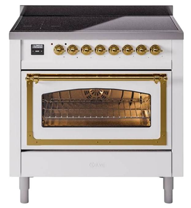 Ilve® Nostalgie II Noblesse 36'' White Pro Style Induction Range with Brass Trim-0