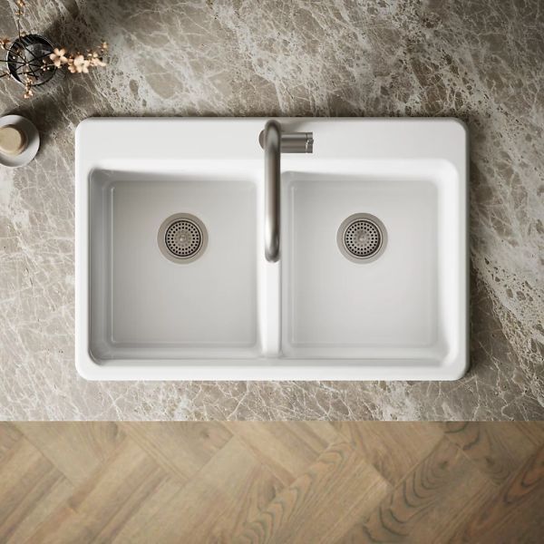 KOHLER® Riverby® White 33" 1-Faucet Hole Top-Mount Double-Equal Bowl Kitchen Sink-2