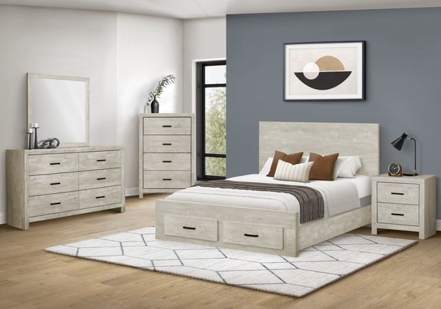 Monarch Specialties Inc. Bleached Oak Queen Panel Bed with 2 Drawers-1