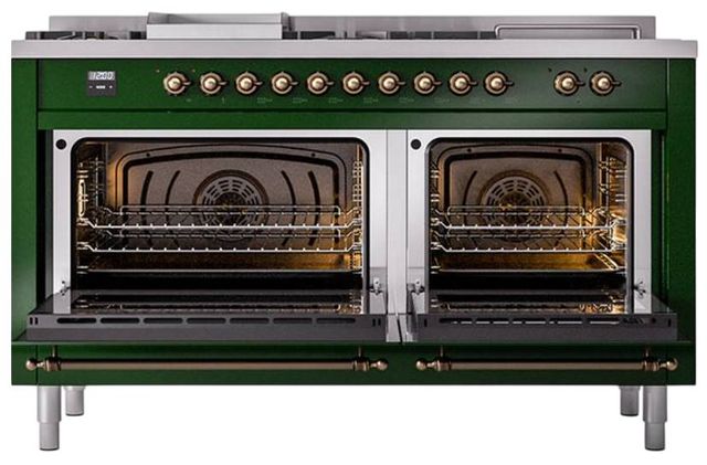 Ilve® Nostalgie II Noblesse 60'' Emerald Green Pro Style Dual Fuel Range with Burnished Trim-1