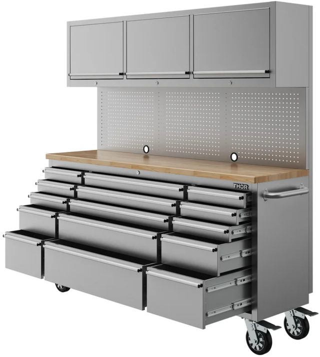 Thor Kitchen® 72" Stainless Steel 15-Drawer Tool Chest with Upper Cabinet and Pegboard-4
