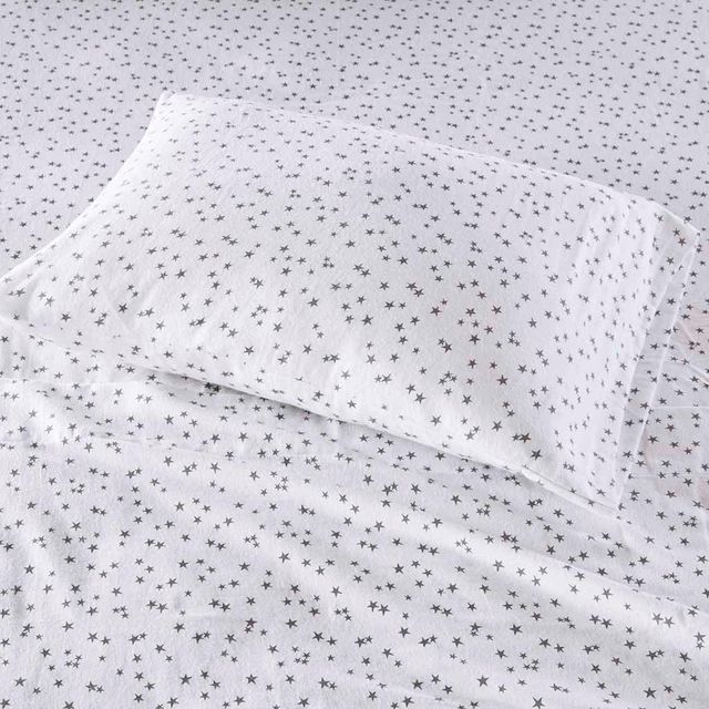 Olliix by Intelligent Design Grey Stars Queen Cozy Soft Cotton Novelty Print Flannel Sheet Set-2