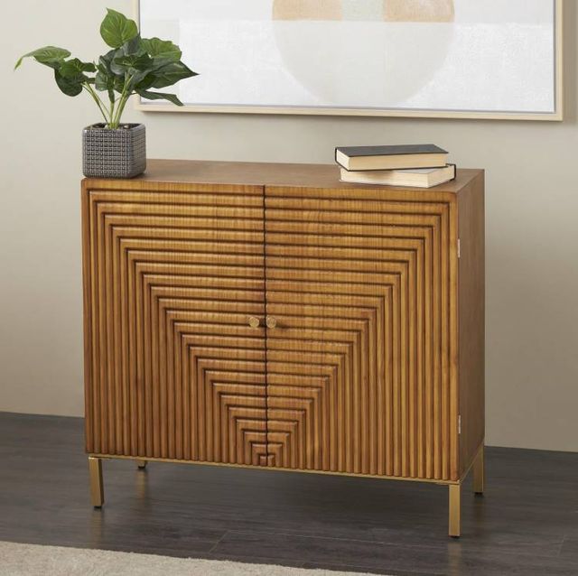 Deco Marche Brown Geometric Carved Square Cabinet with Gold Accents-3