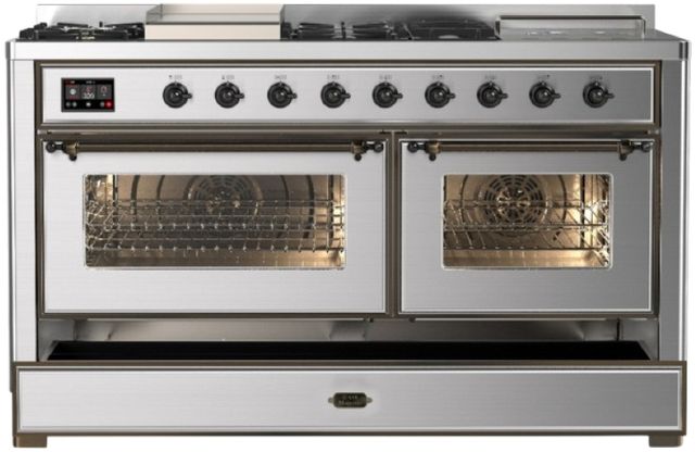 Ilve® Majestic III 60" Stainless Steel Pro Style Dual Fuel Liquid Propane Range with French Top and Burnished Trim-2