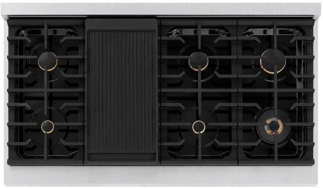 ZLINE Autograph Edition Paramount 48" Satin Stainless Steel Pro Style Gas Range with Black Matte Door and Polished Gold Accents-3