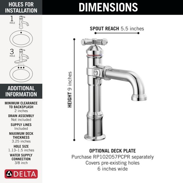 Delta Broderick® Lumicoat® Chrome Single Cross Handle Bathroom Faucet-1