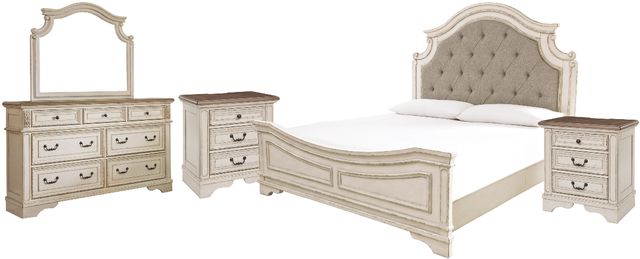 Signature Design by Ashley® Realyn 5-Piece Chipped White King Upholstered Panel Bed Set-0