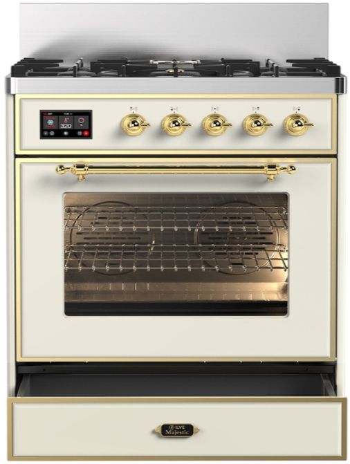 Ilve® Majestic III 30" Antique White Pro Style Dual Fuel Natural Gas Range with Triple Glass Door and BrassTrim-1