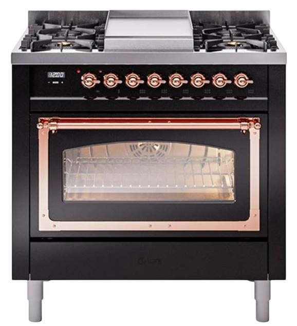 Ilve® Nostalgie II Noblesse 36'' Glossy Black Pro Style Dual Fuel Range with Copper Trim-0