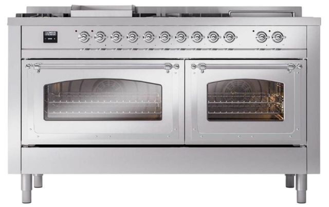 Ilve® Nostalgie II Noblesse 60'' Stainless Steel Pro Style Dual Fuel Range with Chrome Trim-1
