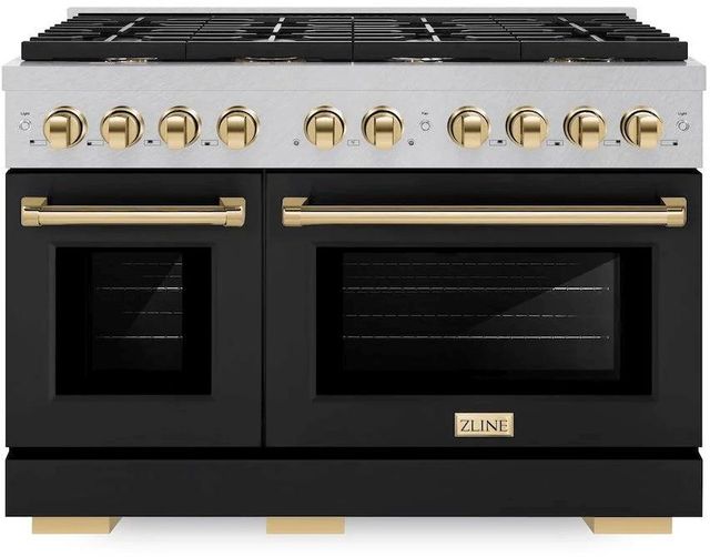 ZLINE Autograph Edition Paramount 48" Satin Stainless Steel Pro Style Gas Range with Black Matte Door and Polished Gold Accents-0