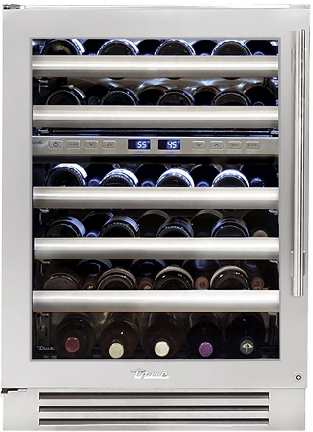 True® 24” 5.5 Cu. Ft. Stainless Steel Dual Zone Left Hinge Undercounter Wine Cooler with Glass Door-0