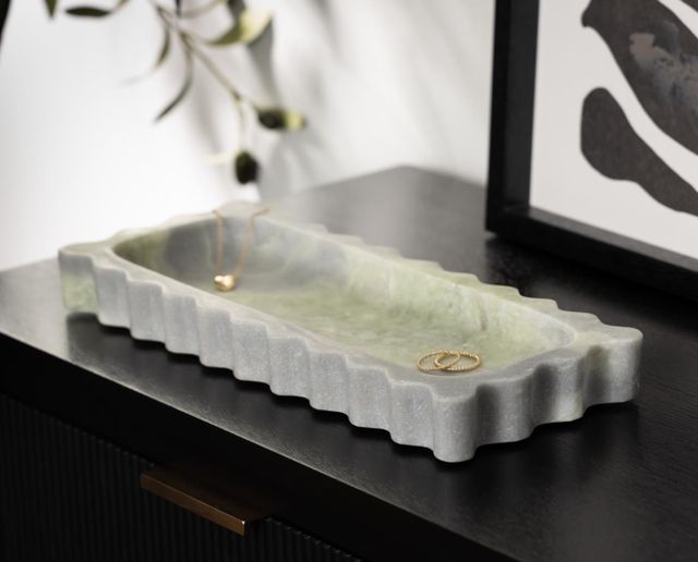 Deco Marche Green Marble Living Room Decor Tray with Gray Swirl Pattern and Wavy Edges-1