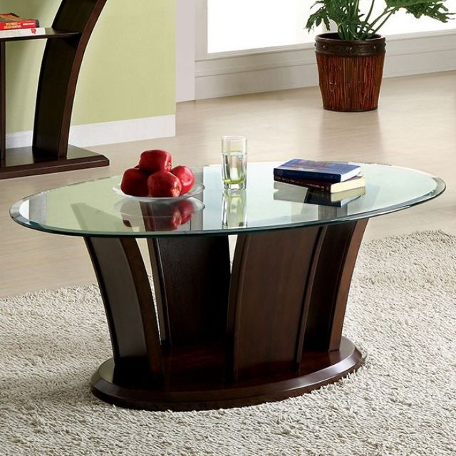 Furniture of America® Manhattan Glass Top Coffee Table with Brown Cherry Base -2
