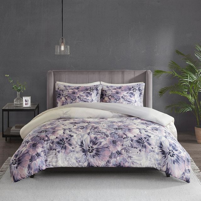 Olliix by Madison Park 3 Piece Purple Full/Queen Enza Cotton Printed Duvet Cover Set-0