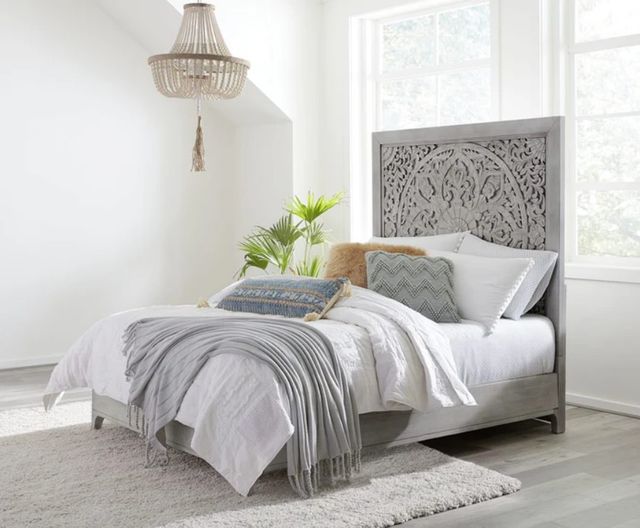 Modus Furniture Boho Chic Washed White King Carved Platform Bed-1