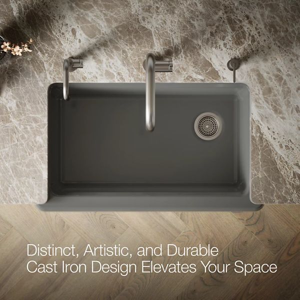 KOHLER® Riverby® Thunder Gray 36" Undermount Single-Bowl Farmhouse Workstation Kitchen Sink with Accessories-4
