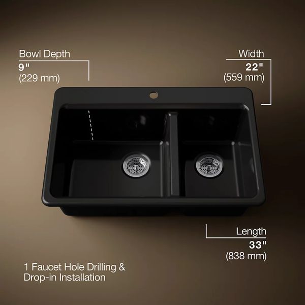 KOHLER® Riverby® Black 33" 1-Faucet Hole Top-Mount Double-Bowl Kitchen Sink-3