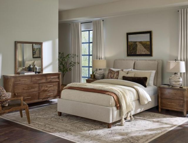 Artisan & Post by Vaughan-Bassett Pure Maple Sandstone/Syrup Queen Upholstered Panel Bed-1