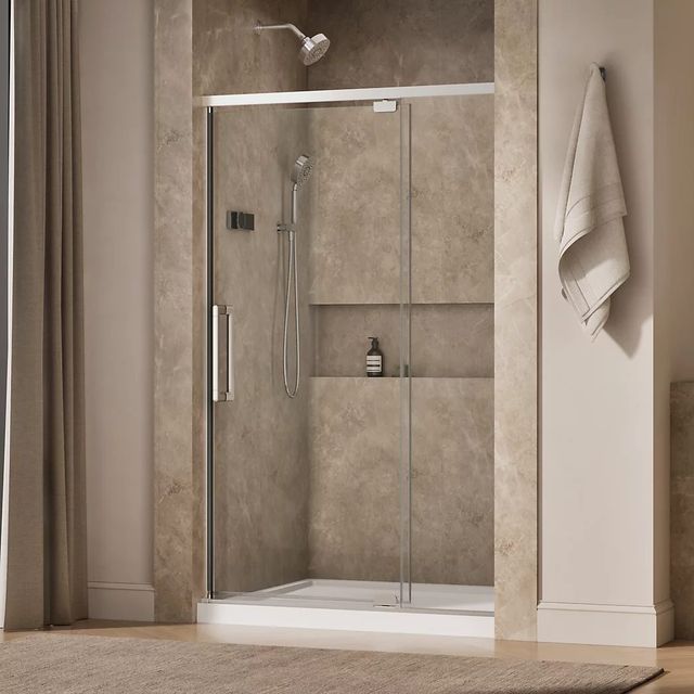 KOHLER Statement™ Bright Polished Silver 76" x 42" - 48" Pivot Shower Door with Controlled Close®-1