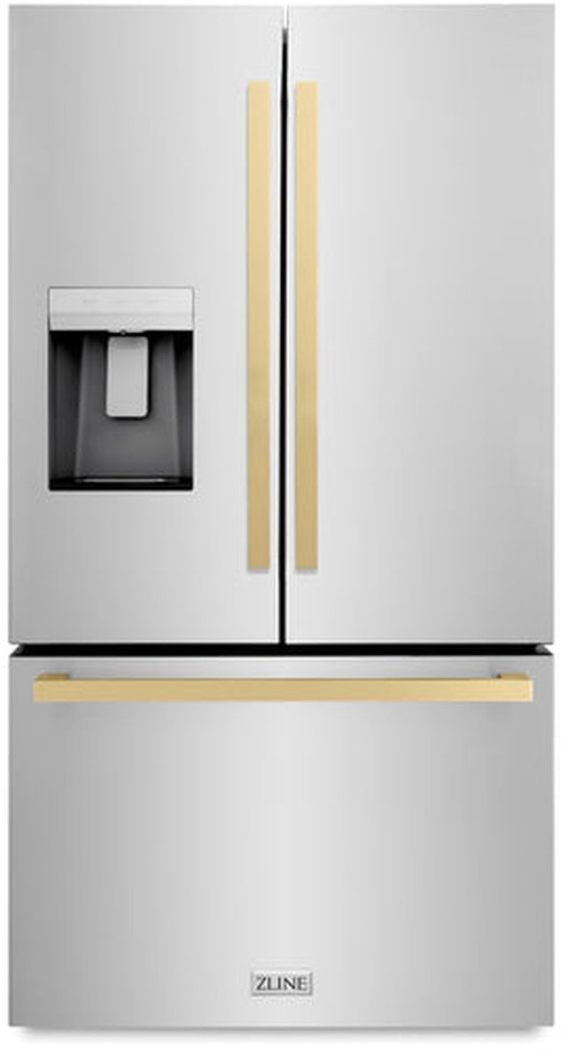 ZLINE Autograph Edition 36" 28.9 Cu. Ft. Stainless Steel Freestanding French Door Refrigerator with Dual Ice Maker and Champagne Bronze Modern Handle-0