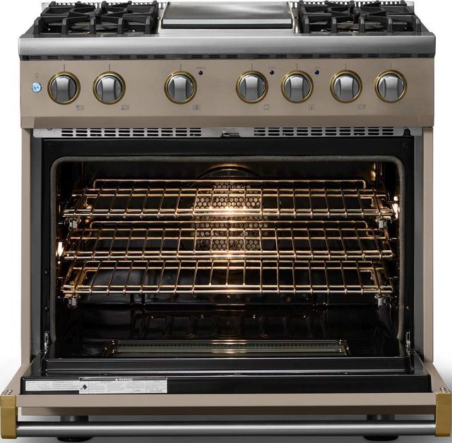Viking® 5 Series 36" Nantucket Pro Style Dual Fuel (NG) Range with Brushed Brass Trim-1