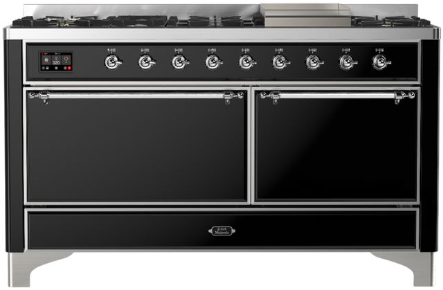 Ilve® Majestic III 60" Glossy Black Pro Style Dual Fuel Natural Gas Range with Solid Door and Chrome Trim-0