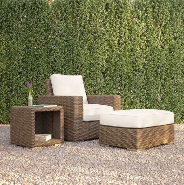 Sunset West Coronado Driftwood Resin Wicker Outdoor Ottoman with Canvas Flax Cushion-1