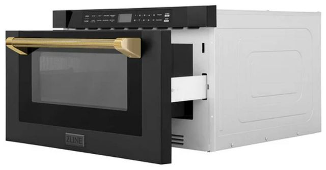 ZLINE Autograph Edition 24" 1.2 Cu. Ft. Black Stainless Steel Built-in Microwave Drawer with Polished Gold Helix Handle-4