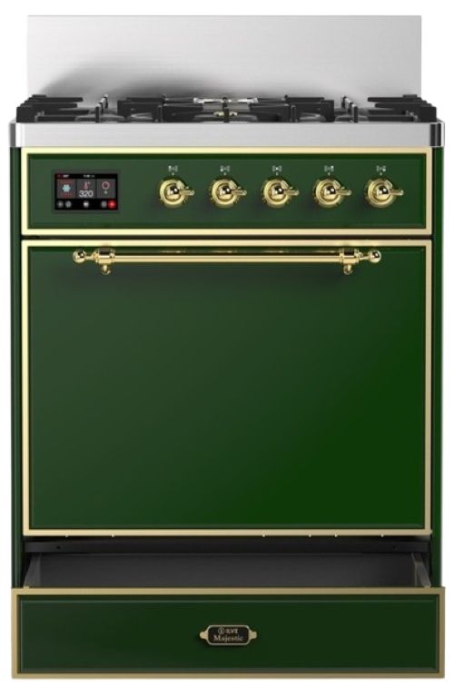 Ilve® Majestic III 30" Emerald Green Pro Style Dual Fuel Natural Gas Range with Solid Door and Brass Trim-2