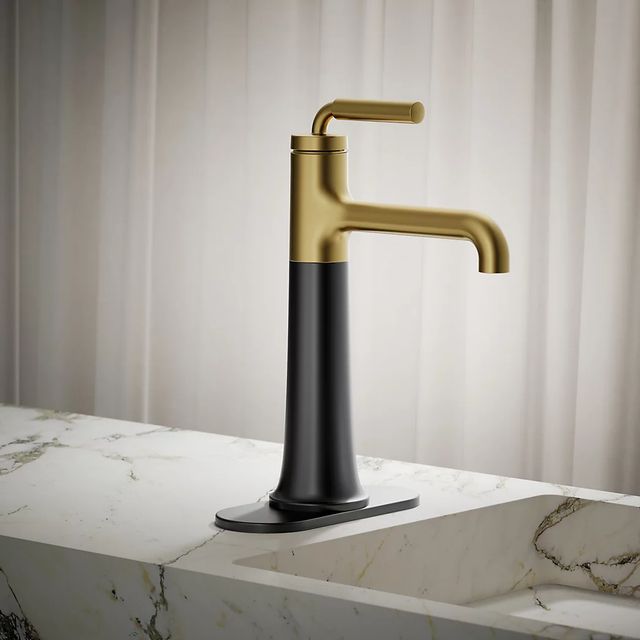 KOHLER® Tone™ Matte Black with Brushed Moderne Brass 0.5 GM Tall Single-Handle Bathroom Sink Faucet-3