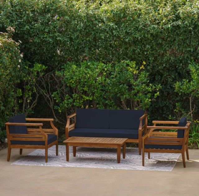 Linon Corolla 4-Piece Brown/Navy Acacia/Fabric Outdoor Conversation Set-1