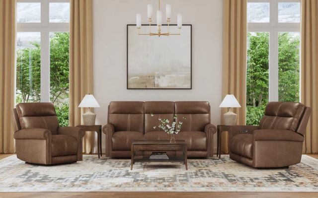 Flexsteel® Alexander Khaki Brown Leather Power Reclining Sofa with Console, Power Headrest and Lumbar-3