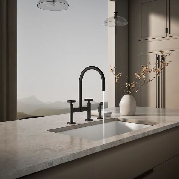KOHLER® Billet® Matte Black 18" 2-Hole Bridge Kitchen Sink Faucet with Side Sprayer and Round Handles-2