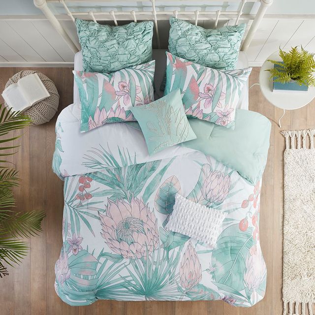 Olliix by Madison Park Keilani Aqua California King Eight Piece Cotton Printed Comforter Set-1
