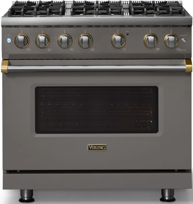 Viking® 5 Series 36" Damascus Gray Pro Style Gas (NG) Range with Brushed Brass Trim-3