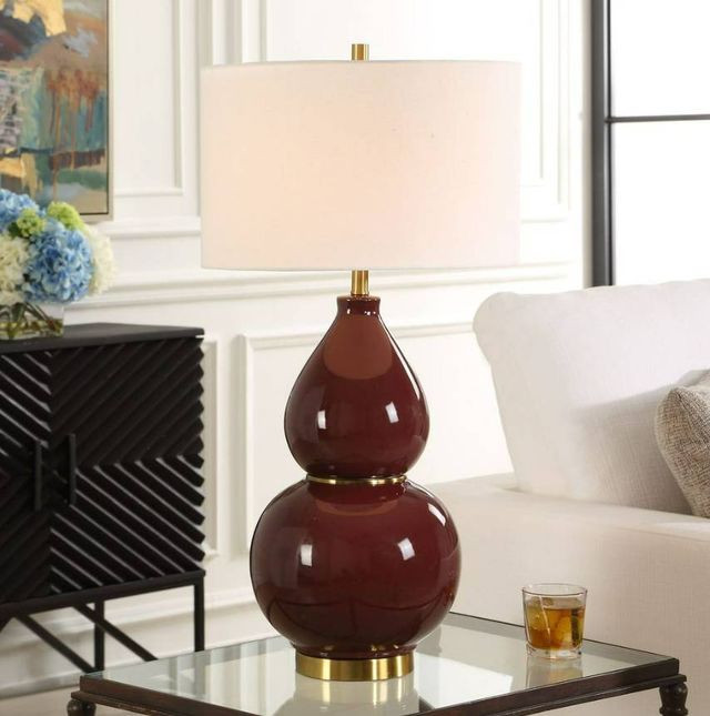 Uttermost® Gourd Burgundy Table Lamp with Antique Brass Accent-1