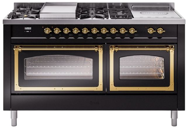 Ilve® Nostalgie II Noblesse 60'' Glossy Black Pro Style Dual Fuel Range with Brass Trim-0