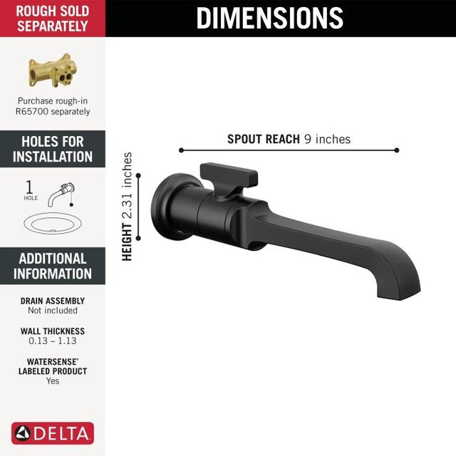 Delta Tetra™ Matte Black Single Handle Wall Mount Bathroom Faucet Trim-3