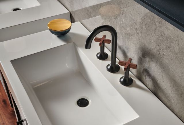 Brizo Jason Wu for Brizo™ Matte Black Widespread Lavatory High Cross Guyana Teak Wood Handles-4