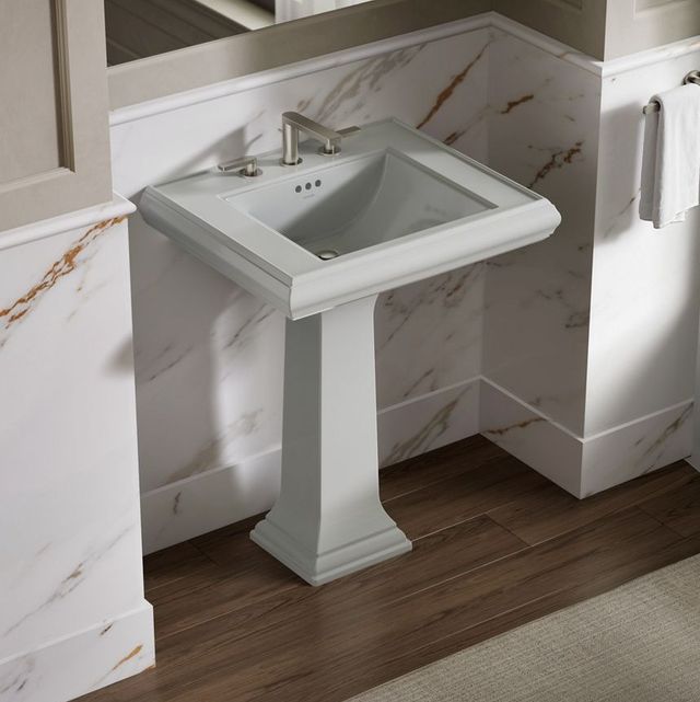 Kohler Memoirs® Classic Ice Grey 27.25" Rectangular Pedestal Bathroom Sink Widespread Faucet Holes-2