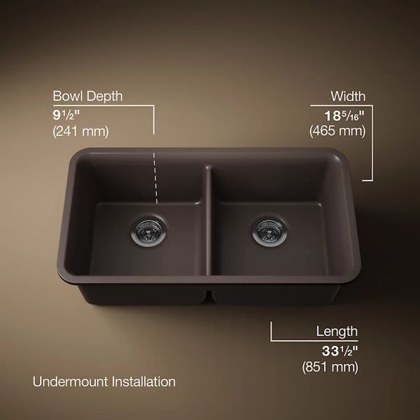 KOHLER® Cairn® Matte Brown 34" Undermount Double-Bowl Kitchen Sink-2