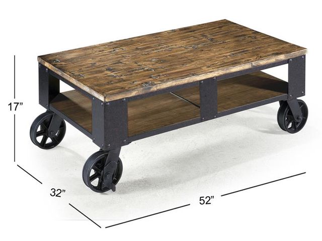 Magnussen Home® Pinebrook Distressed Natural Pine Rectangular Cocktail Table with Black Metal Casters-1