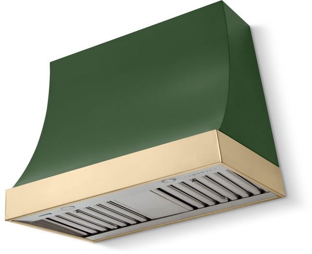 La Cornue Cornufé Marquee 36" Brands Hatch Green Wall Mounted Range Hood with Polished Brass Trim-0