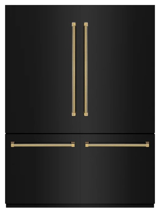 ZLINE Autograph Edition 60 in. 32.2 cu. ft. French Door Built-In Bottom Freezer Refrigerator with Water Dispenser and Ice Maker in Black Stainless Steel with Graphite Gray Interior and Polished Gold Helix Handles (GRBIVZ-BS60KG)