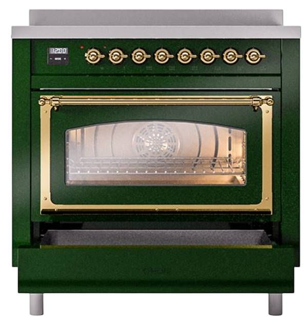 Ilve® Nostalgie II Noblesse 36'' Emerald Green Pro Style Induction Range with Brass Trim-3