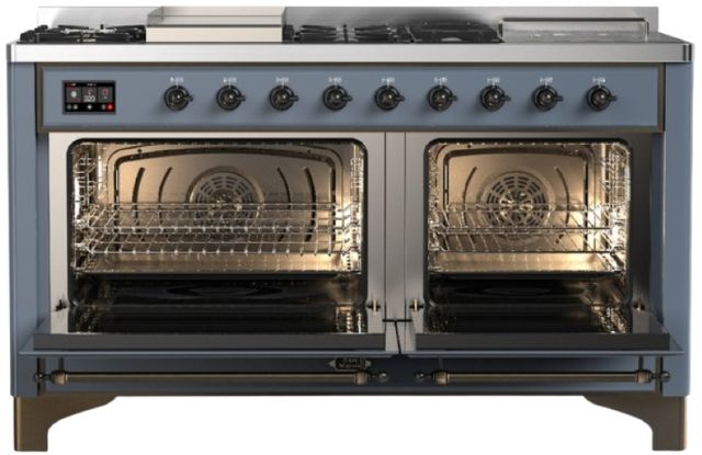 Ilve® Majestic III 60" Blue Gray Pro Style Dual Fuel Natural Gas Range with French Top and Burnished Trim-1
